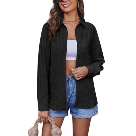 NWT Women’s Oversized Button Down Lightweight Shirt Square Textured Blouse - Picture 3 of 9